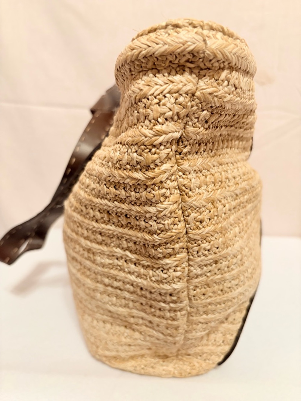 Woven Straw Tote with Decorative Brown Leather Overlay - Picture 3 of 7